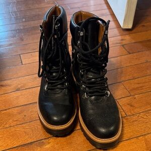 Women's Black Leather Lug Ankle Boots